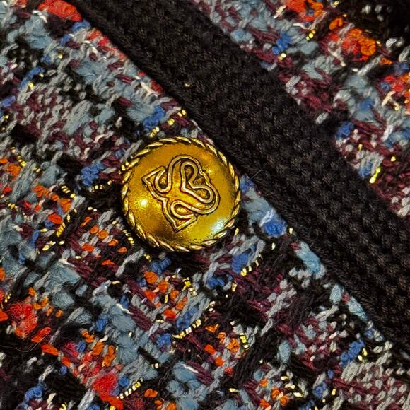 Sandro Women’s Tweed Bouclé Jacket M Blue Plaid Gold Buttons Preppy Classic Chic - Picture 9 of 14